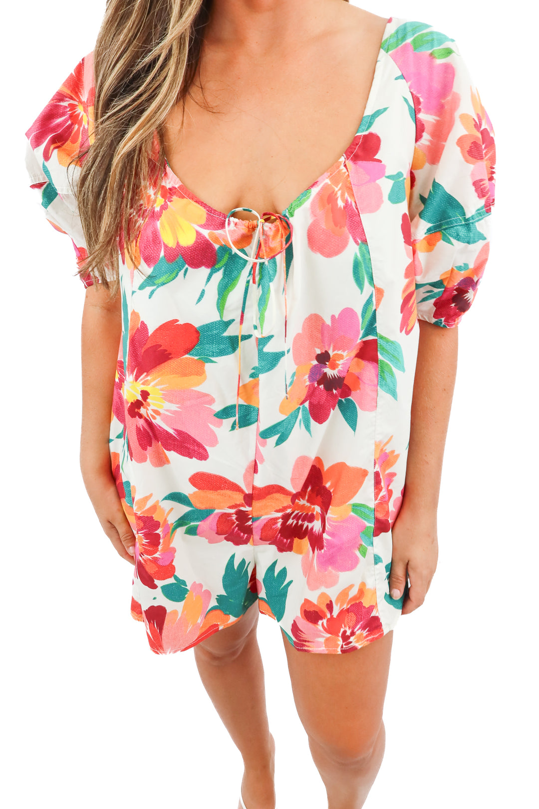 peach love tropical destination romper NWT (S; retail $65)