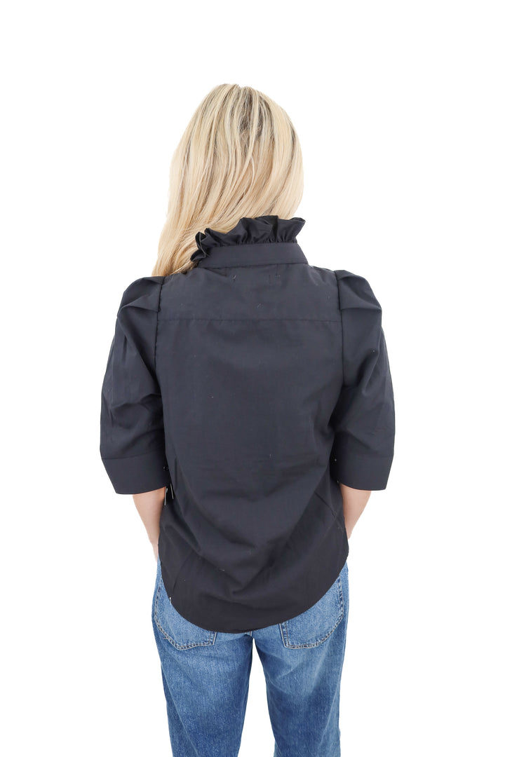 kmj black ruffle button up top NWT (s; retail $206)