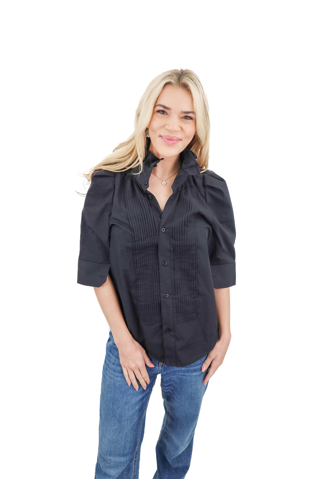 kmj black ruffle button up top NWT (s; retail $206)