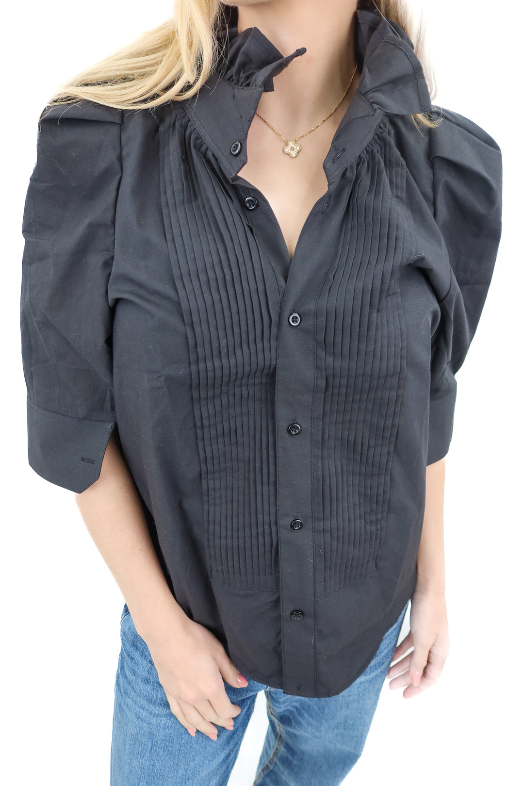 kmj black ruffle button up top NWT (s; retail $206)