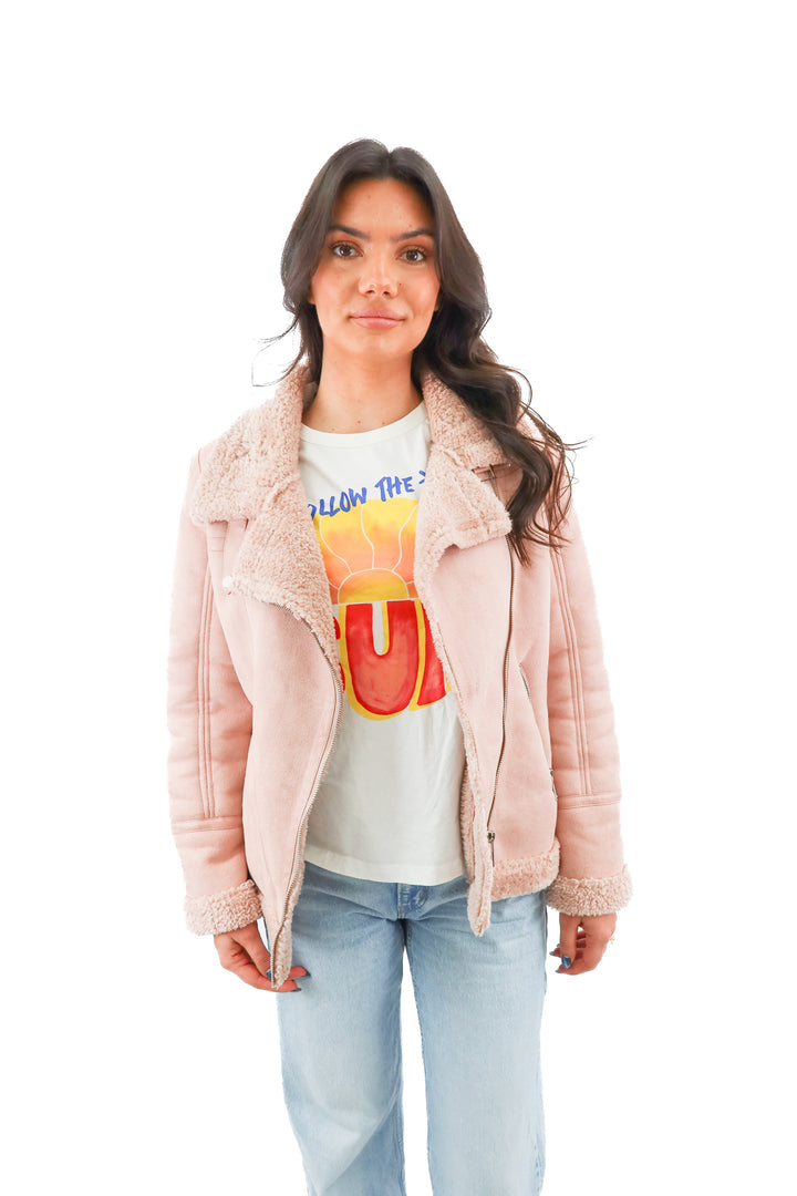 Love token pink sherpa and suede jacket (S; retail $190)