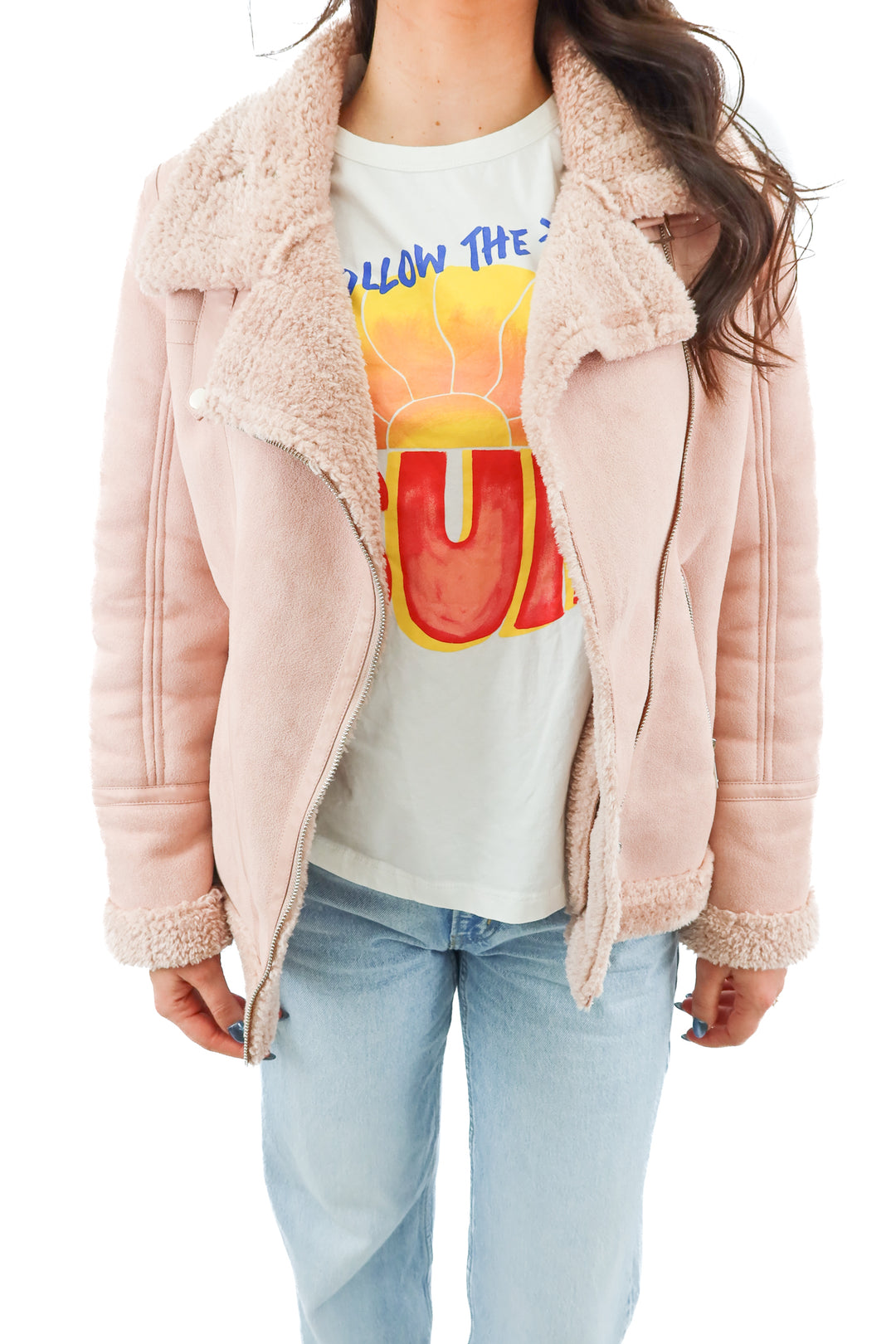 Love token pink sherpa and suede jacket (S; retail $190)