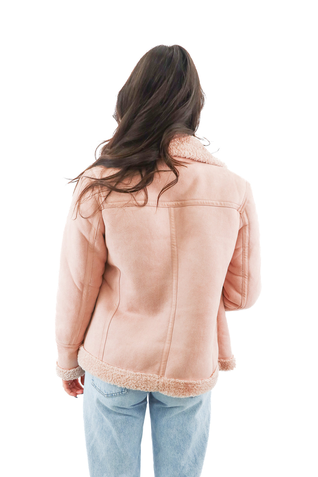 Love token pink sherpa and suede jacket (S; retail $190)