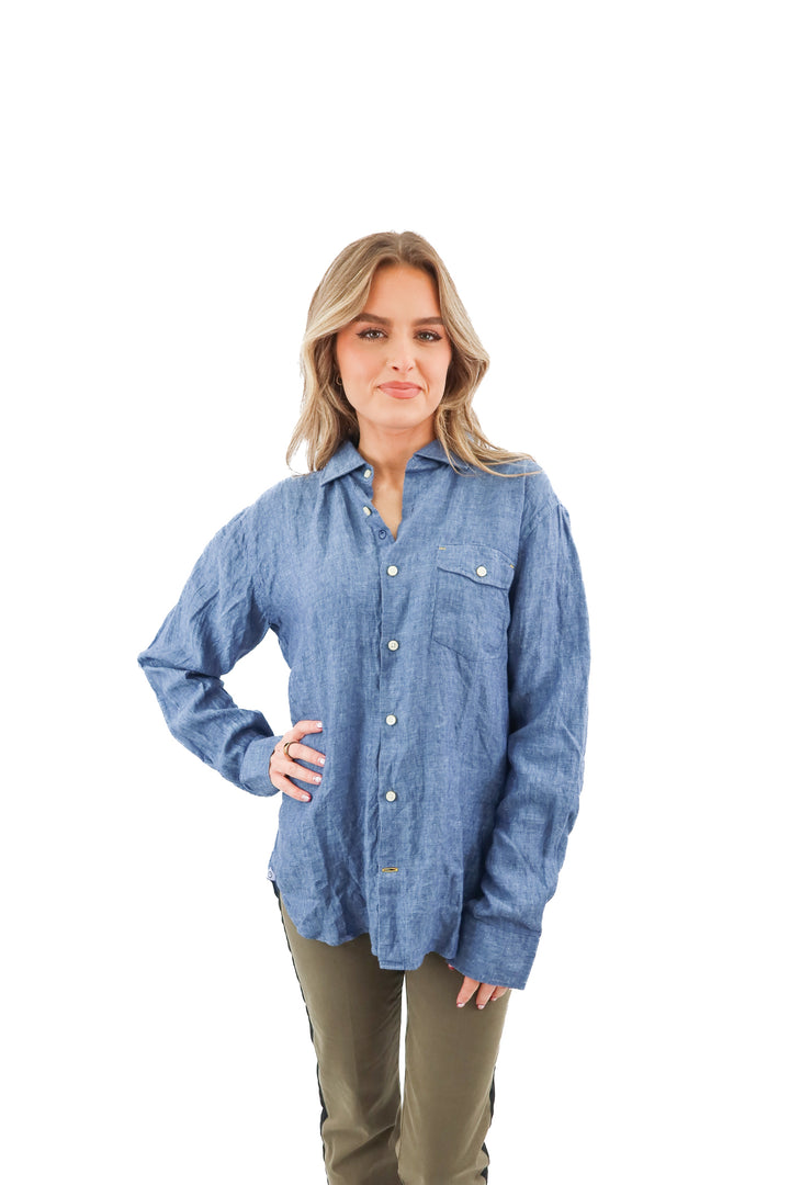 North Country blue linen button up (L; retail $200)