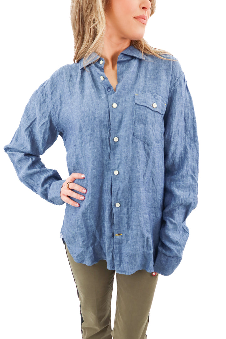 North Country blue linen button up (L; retail $200)