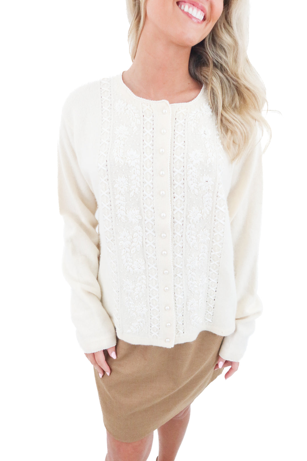 talbots cream ribbon embroidered cardigan (xl; vintage)