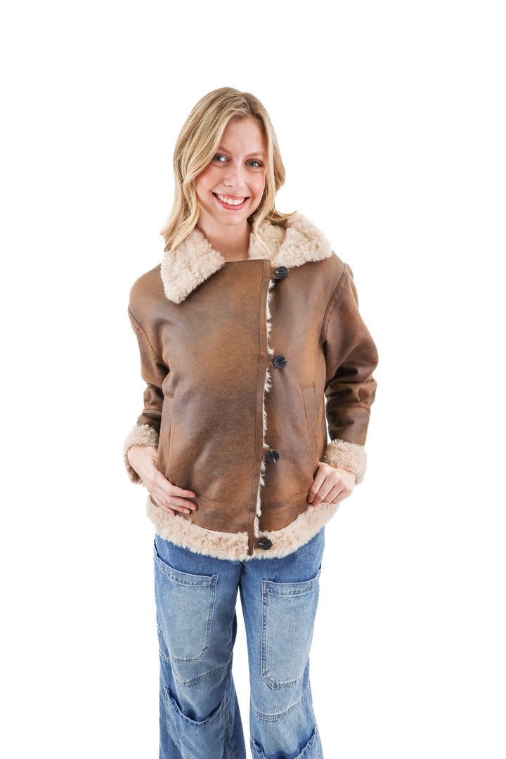 avec les filles brown vegan leather faux fur lined jacket (s; retail $239)