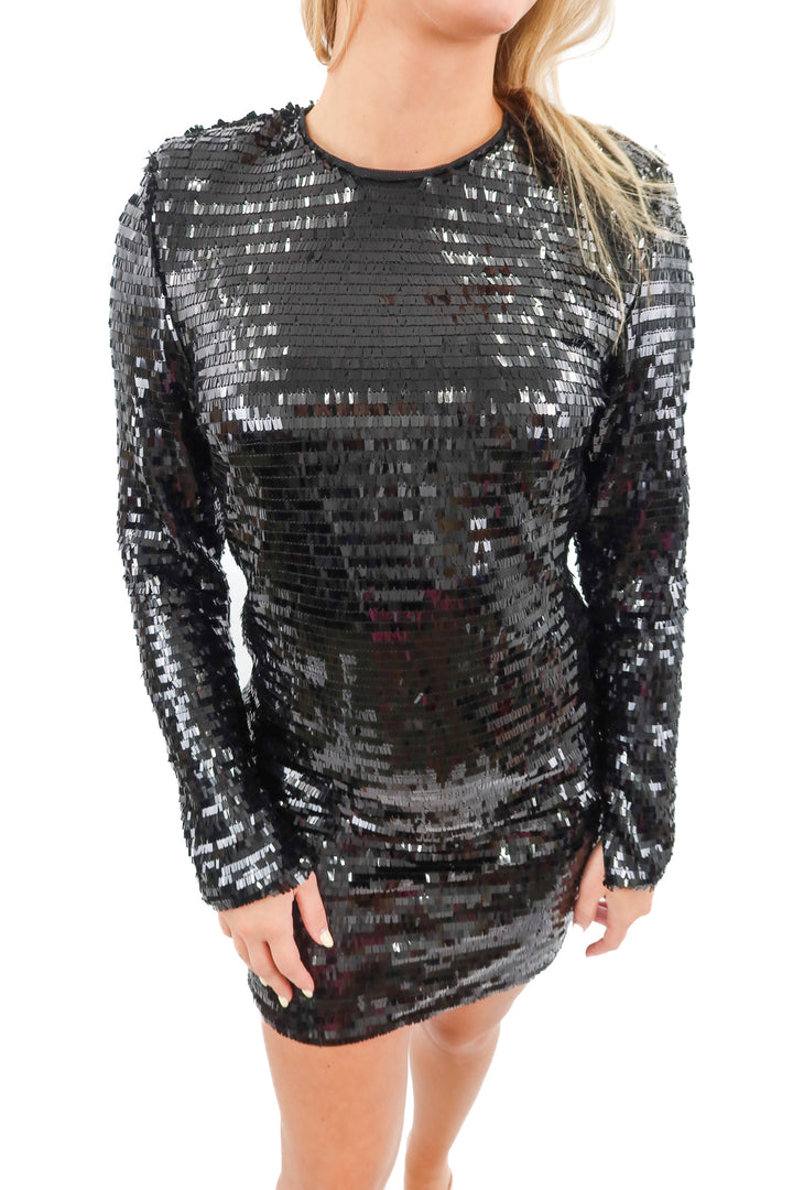 h&m black sequin long sleeve mini dress (xs)