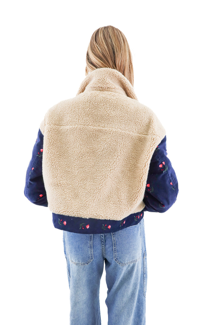 something navy floral sherpa jacket (s; retail $180)