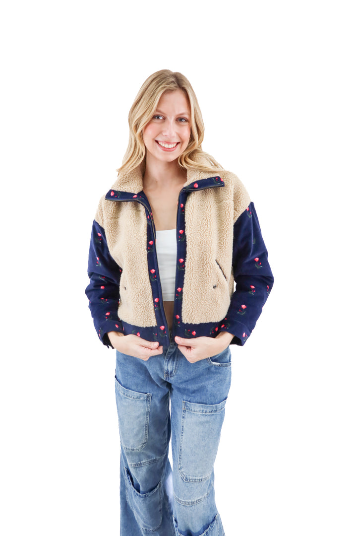 something navy floral sherpa jacket (s; retail $180)