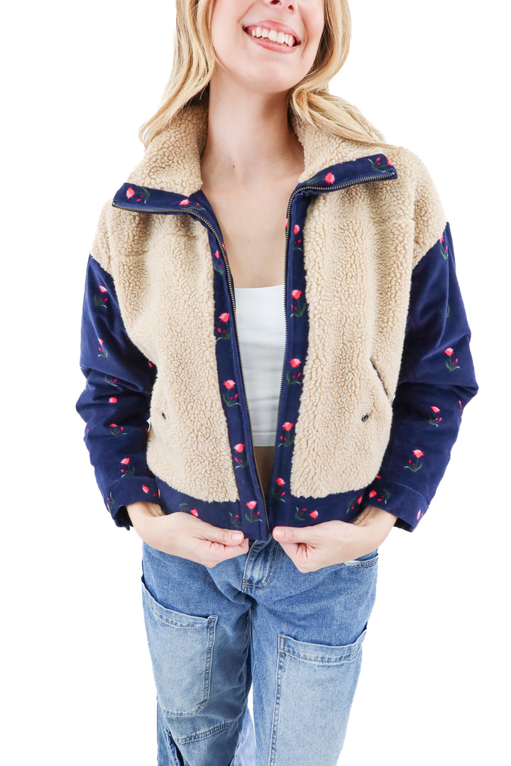 something navy floral sherpa jacket (s; retail $180)