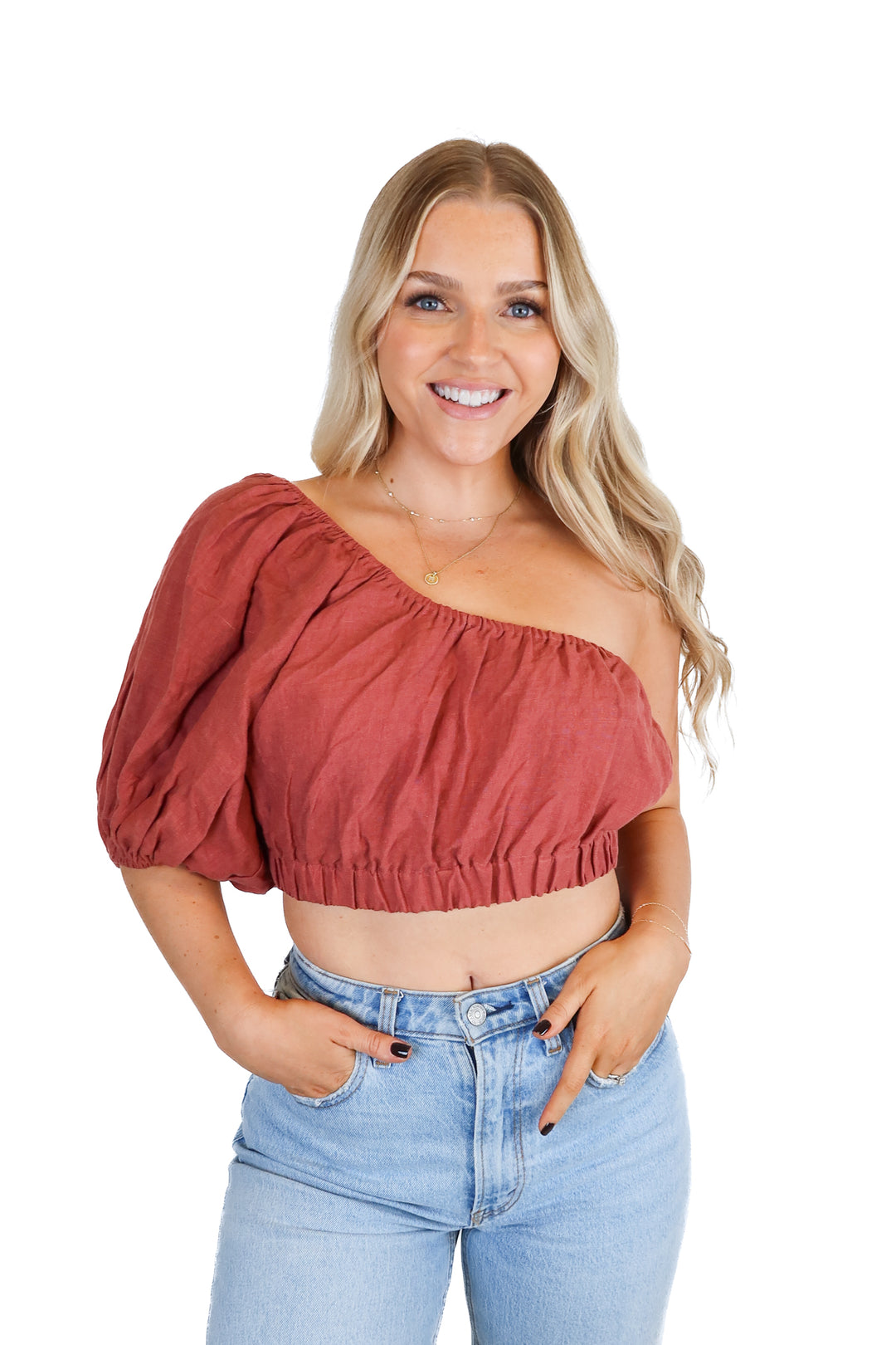 Amalie burgundy one shoulder linen top NWT (6; retail $79)