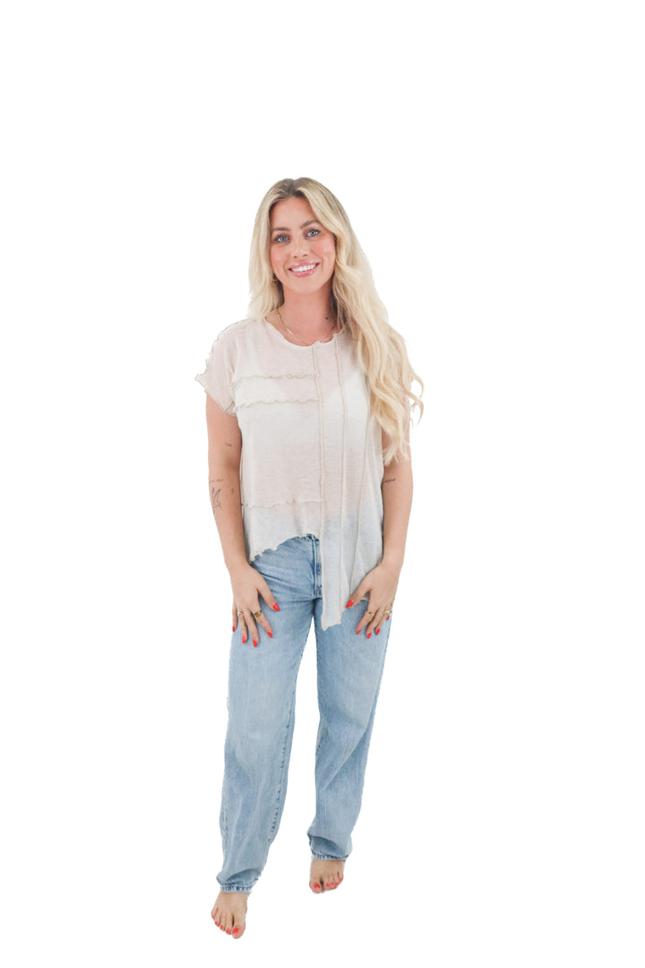 tub design beige sheer top (m; retail $150)