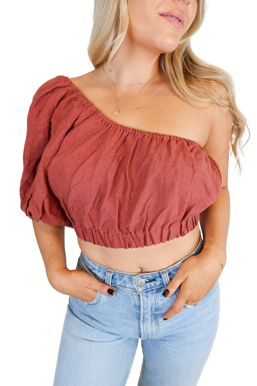 Amalie burgundy one shoulder linen top NWT (6; retail $79)