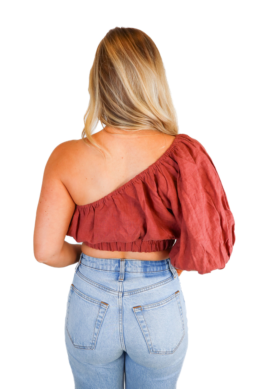 Amalie burgundy one shoulder linen top NWT (6; retail $79)