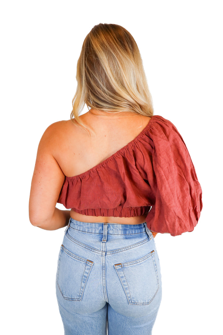 Amalie burgundy one shoulder linen top NWT (6; retail $79)
