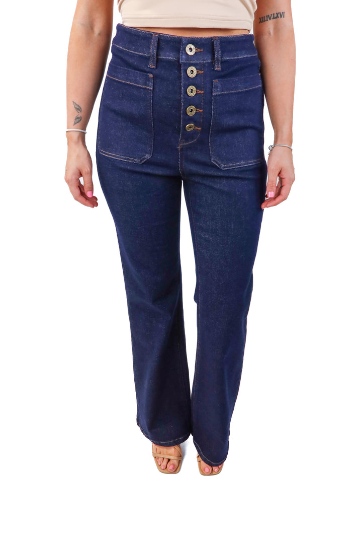 Fabrique dark wash flare jeans (m; retail $238)