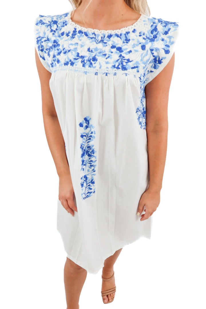 mi golondrina white/blue stitched dress (s; retail $375)