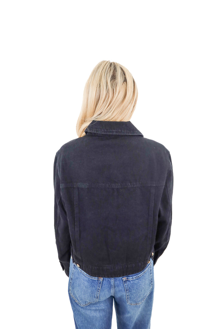 vici black denim jacket w/ gold buttons (m; retail $74)