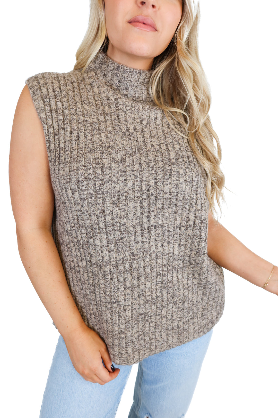 Vici Taupe Mock Neck Sleeveless Sweater (M; retail $48)