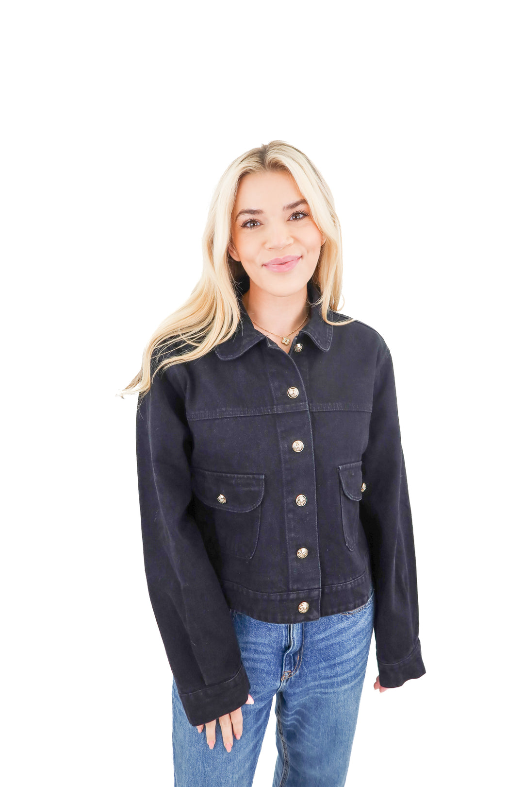 vici black denim jacket w/ gold buttons (m; retail $74)