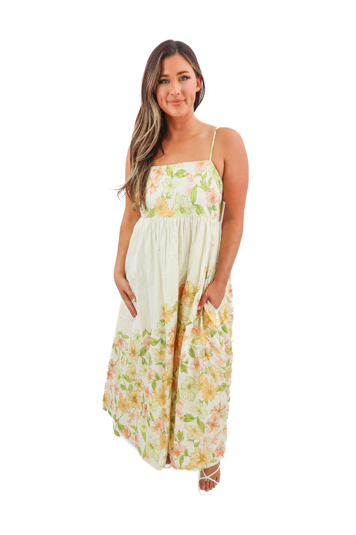 hermoza yellow floral maxi dress (L; retail $258)