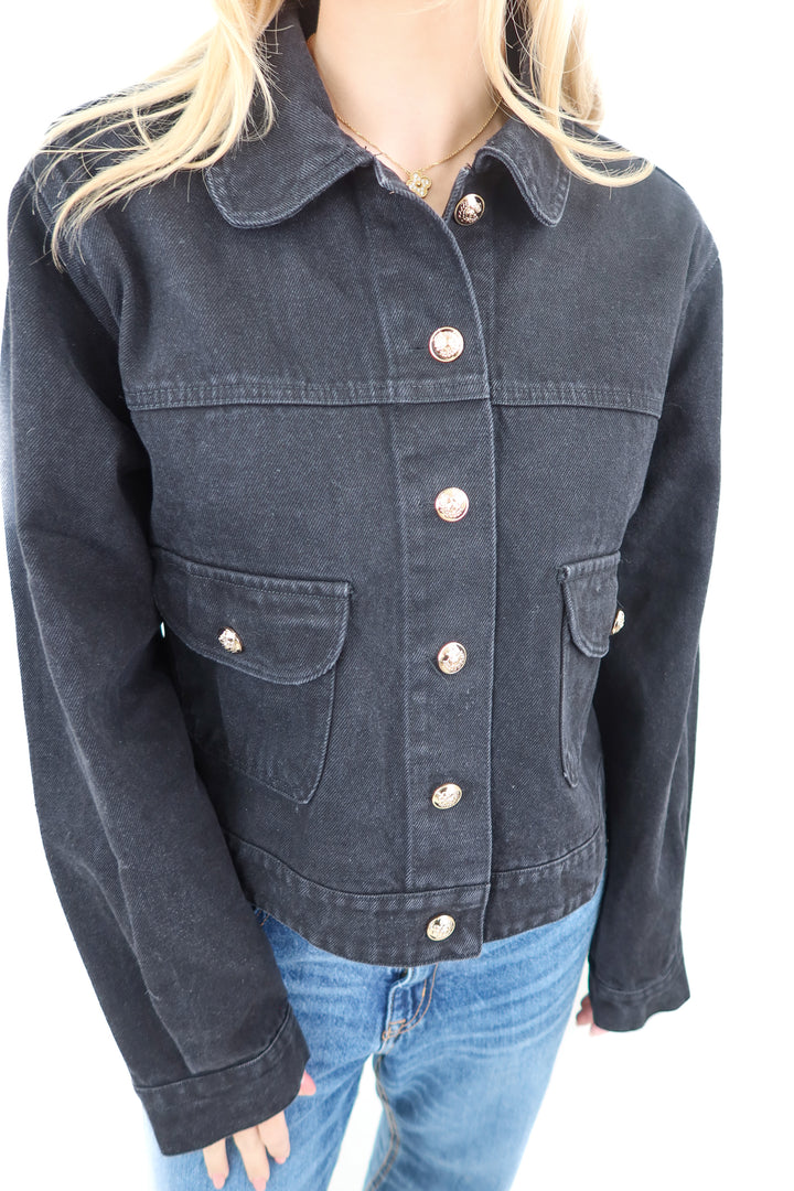 vici black denim jacket w/ gold buttons (m; retail $74)