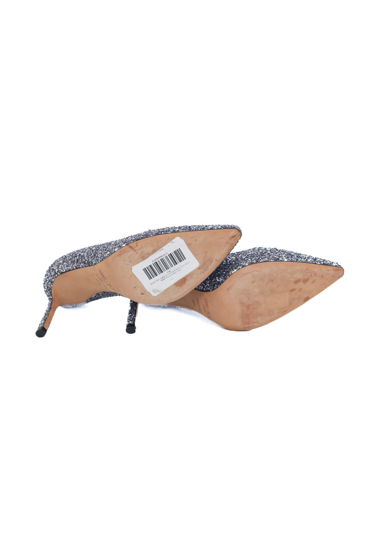 jimmy choo silver glitter pumps (38.5 / US 8.5; retail $695)