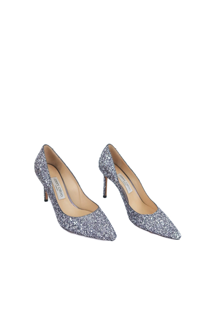 jimmy choo silver glitter pumps (38.5 / US 8.5; retail $695)
