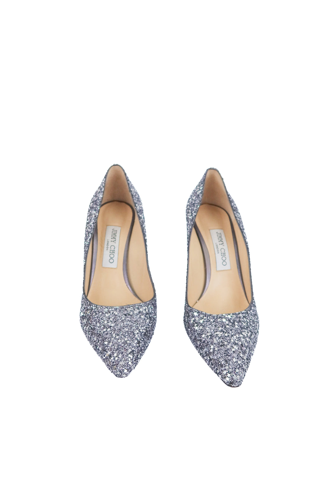 jimmy choo silver glitter pumps (38.5 / US 8.5; retail $695)