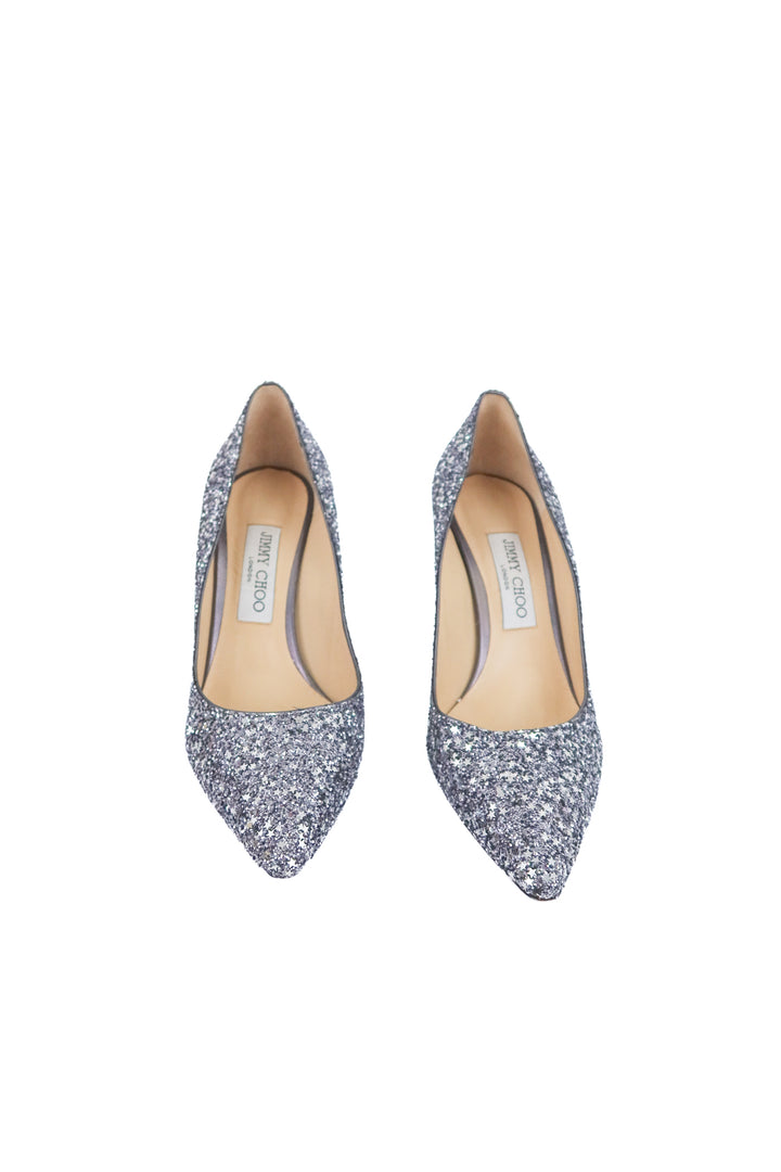 jimmy choo silver glitter pumps (38.5 / US 8.5; retail $695)