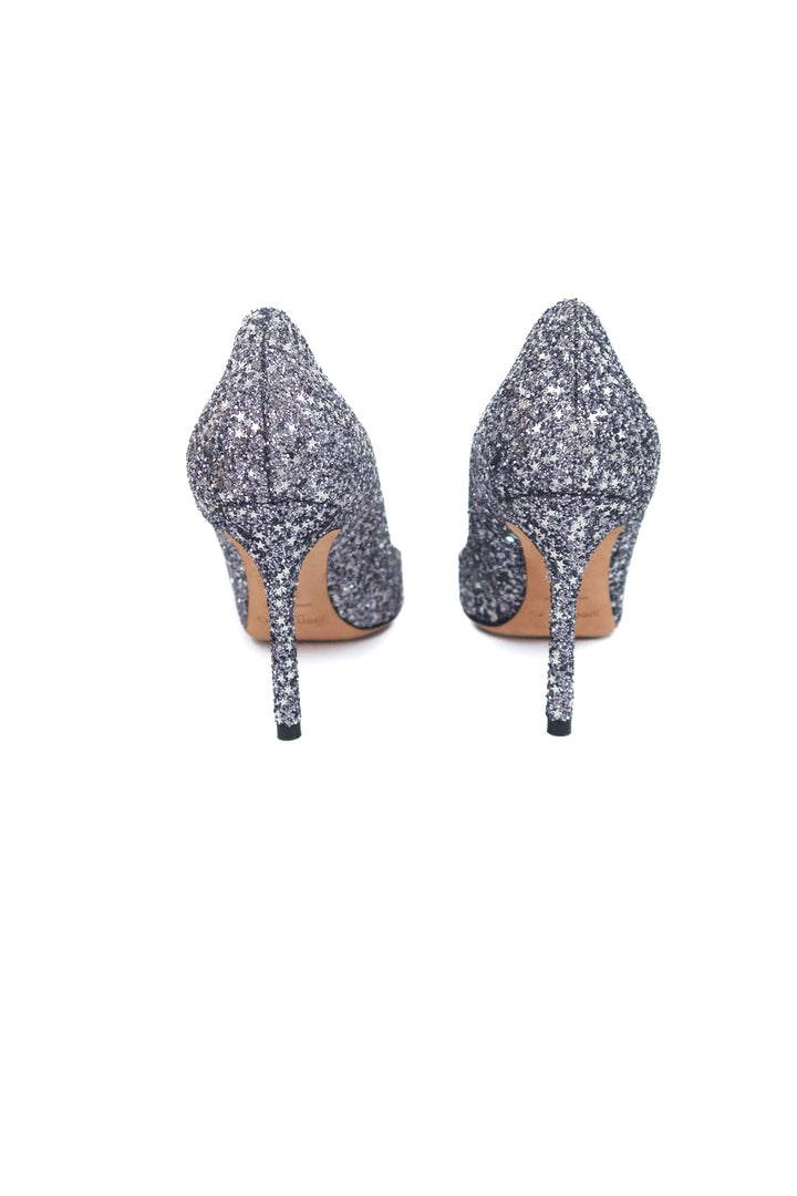 jimmy choo silver glitter pumps (38.5 / US 8.5; retail $695)