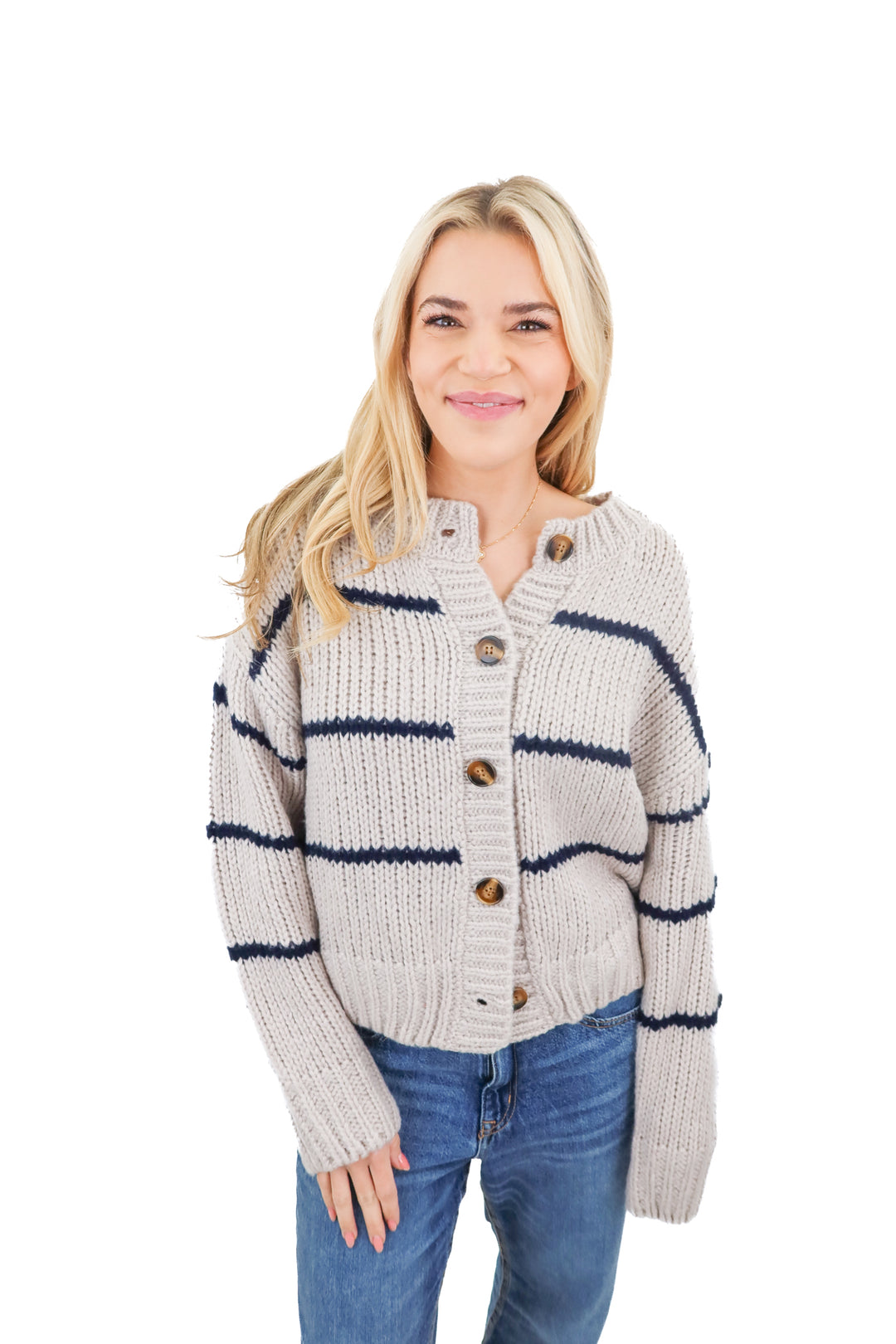 vici grey/navy striped cardigan (s; retail $74)