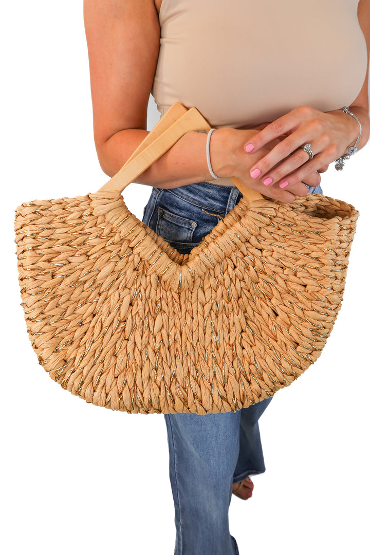 rattan/gold metallic handbag