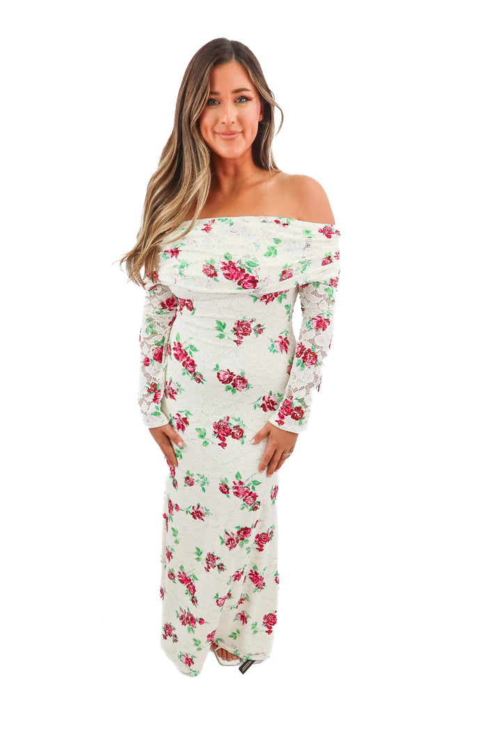 afrm cream floral romance rose lace maxi dress (L)