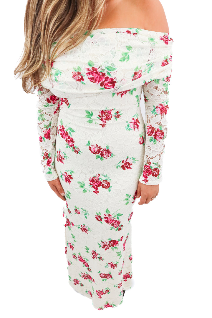 afrm cream floral romance rose lace maxi dress (L)