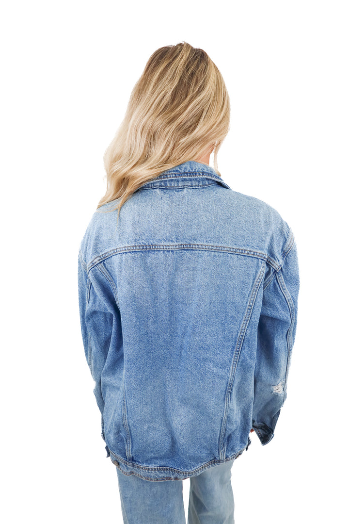 vici light wash oversized denim jacket (s; retail $74)