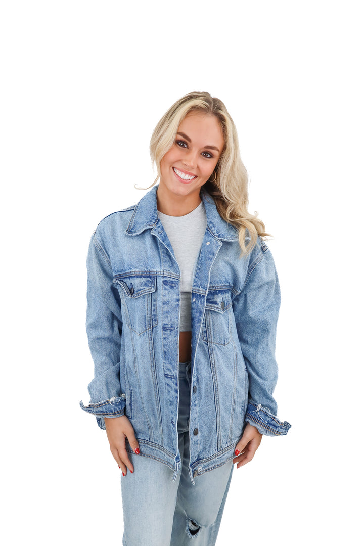 vici light wash oversized denim jacket (s; retail $74)