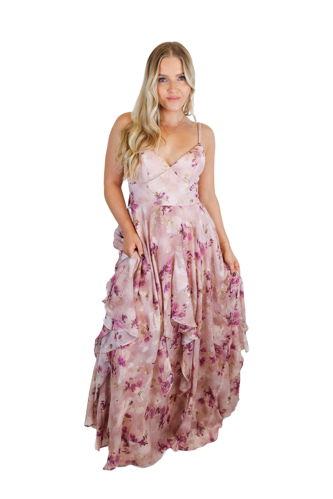 Azazie Atelier light pink/purple floral maxi dress NWT (6; retail $99)