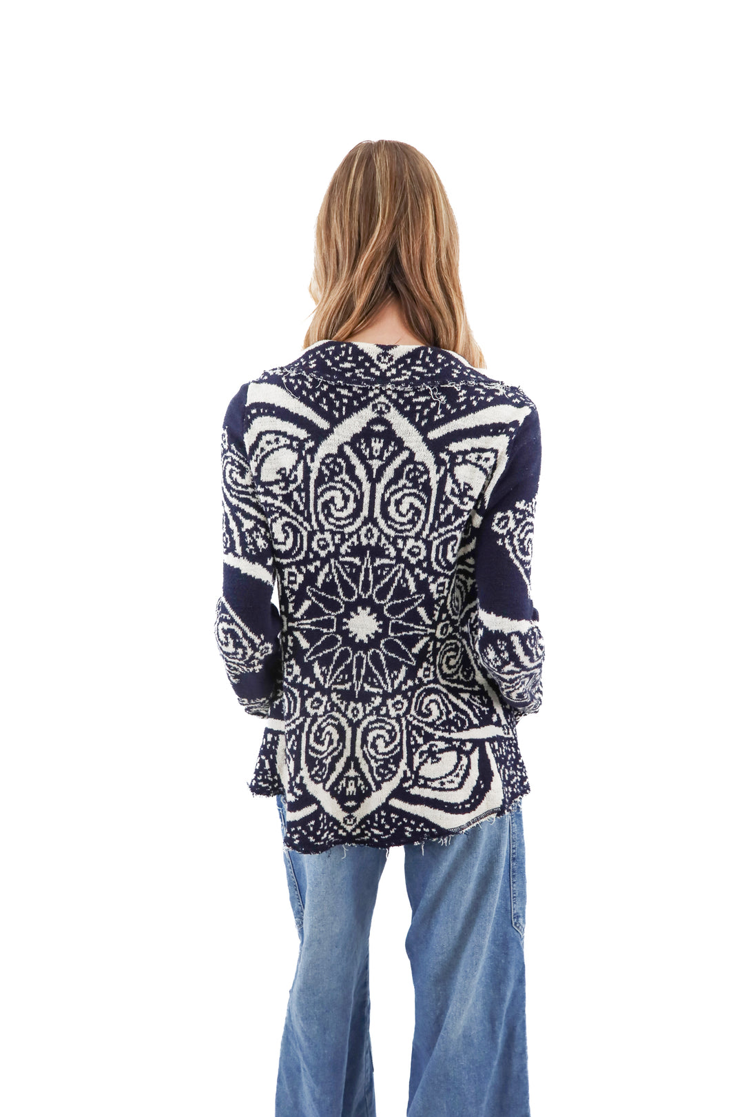 free people blue/cream knit patterned drape cardigan (s; retail $149)
