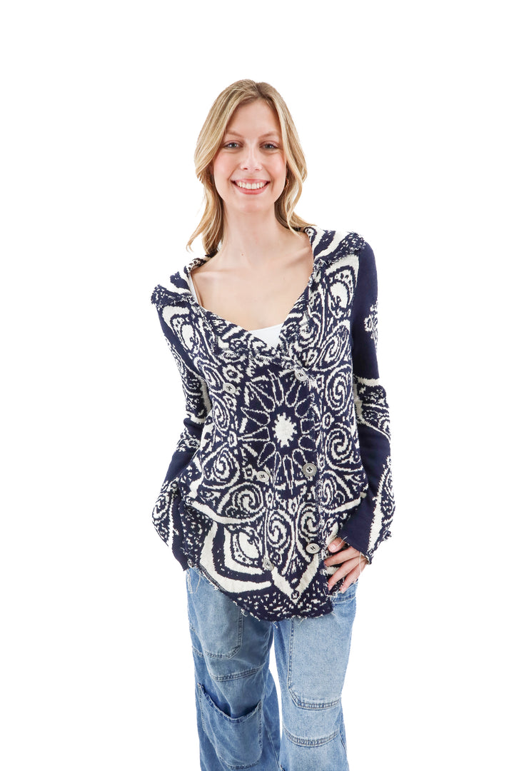 free people blue/cream knit patterned drape cardigan (s; retail $149)