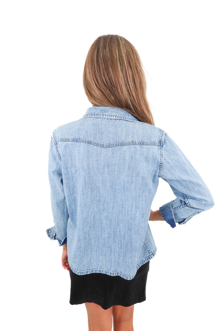 suzie kondi chambray button up top (m; retail $345)