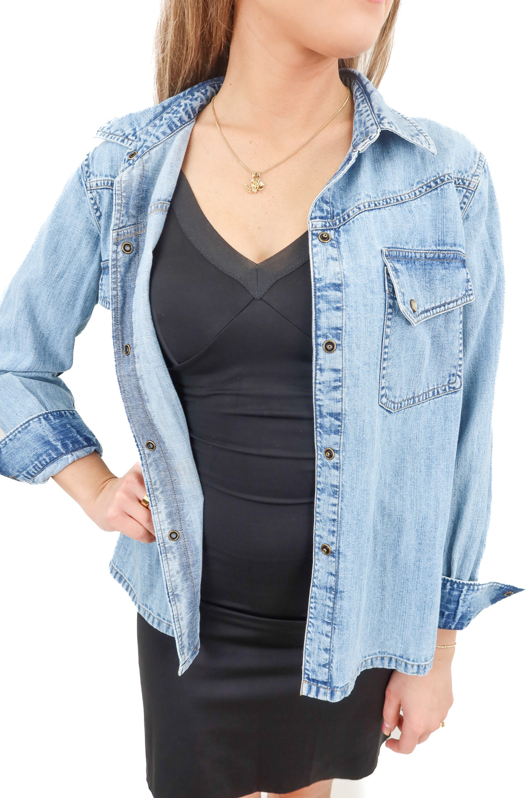 suzie kondi chambray button up top (m; retail $345)