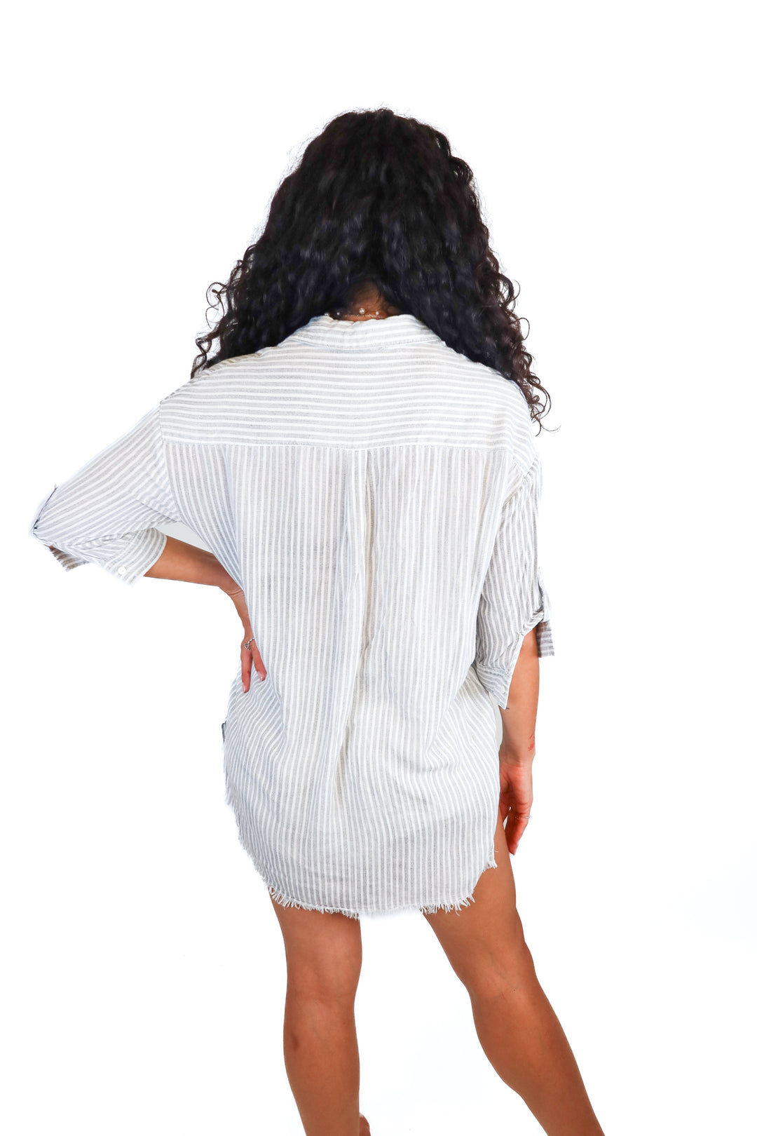 Dress Forum gray/white striped top (S; retail $38)