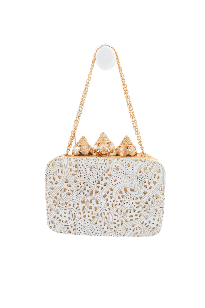 clara kasavina gold and white clutch