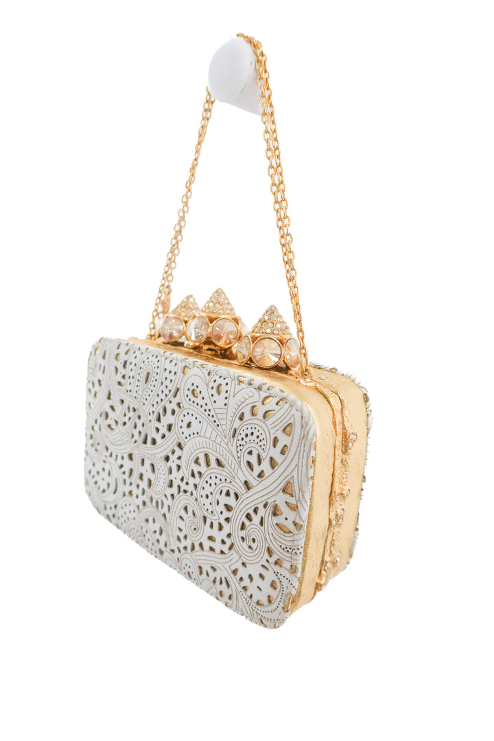 clara kasavina gold and white clutch