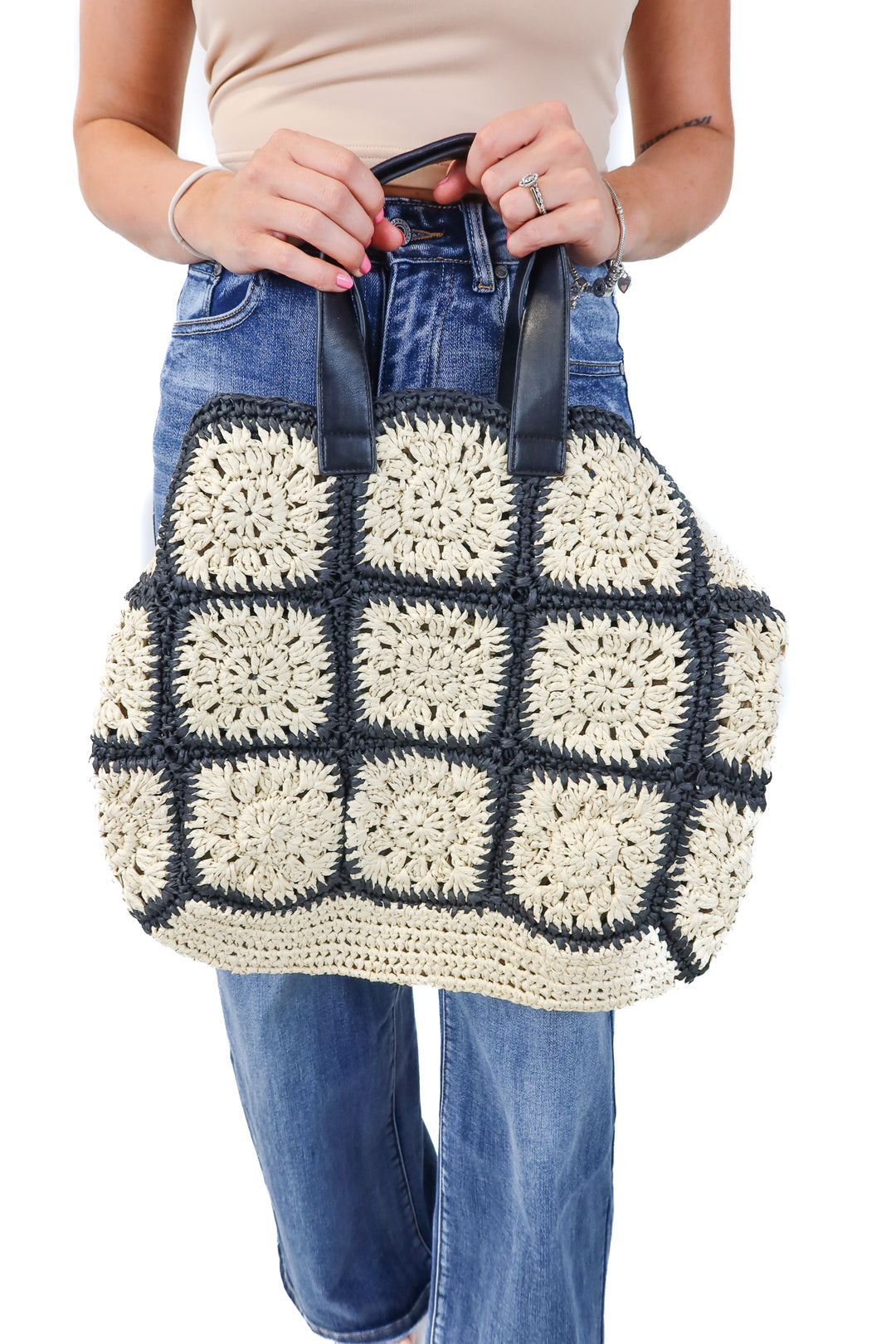 black/cream rattan bag