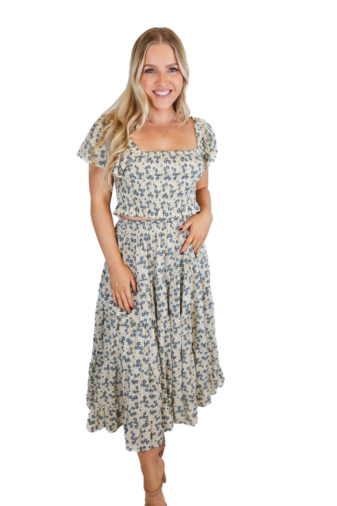 Rylee & Cru Ditsy Floral Smock Ruffle Top & Skirt Set NWT (S; retail $128)