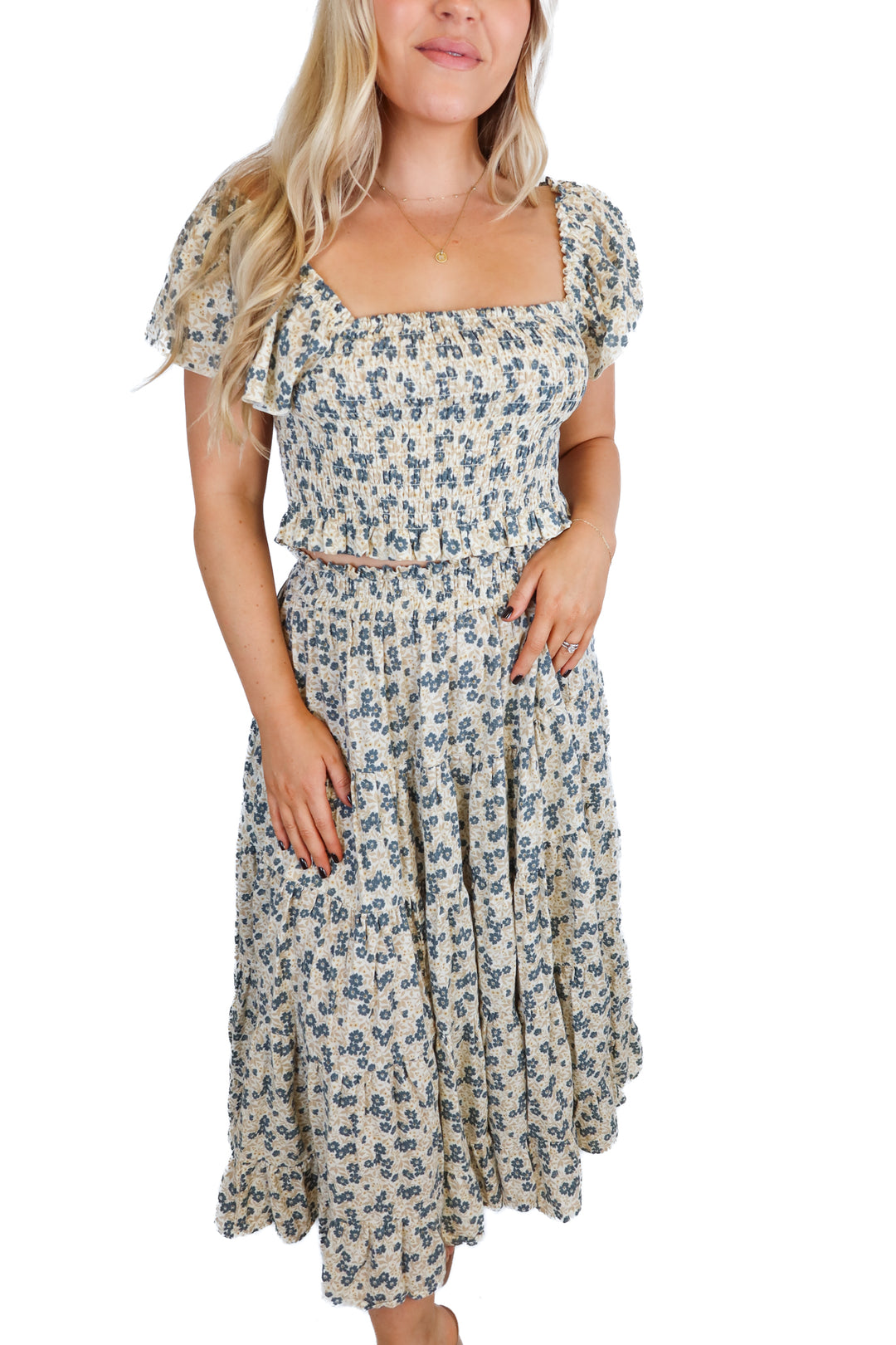 Rylee & Cru Ditsy Floral Smock Ruffle Top & Skirt Set NWT (S; retail $128)