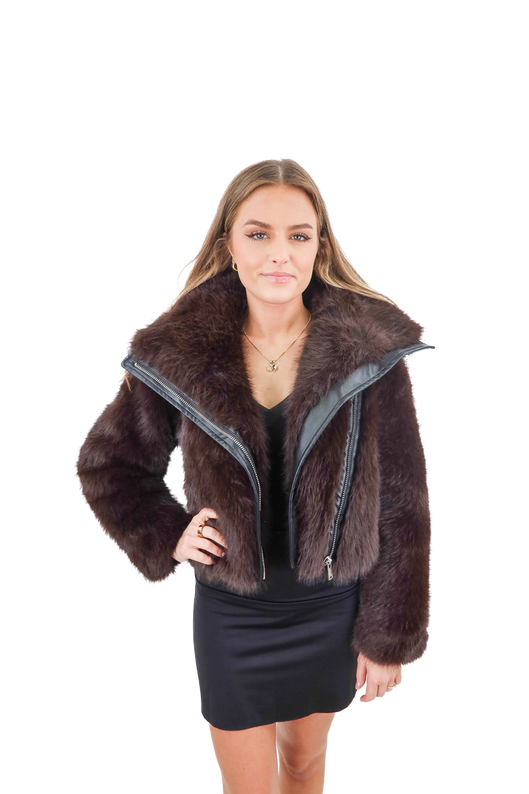 river island brown fur zip up jacket (s; retail $177)